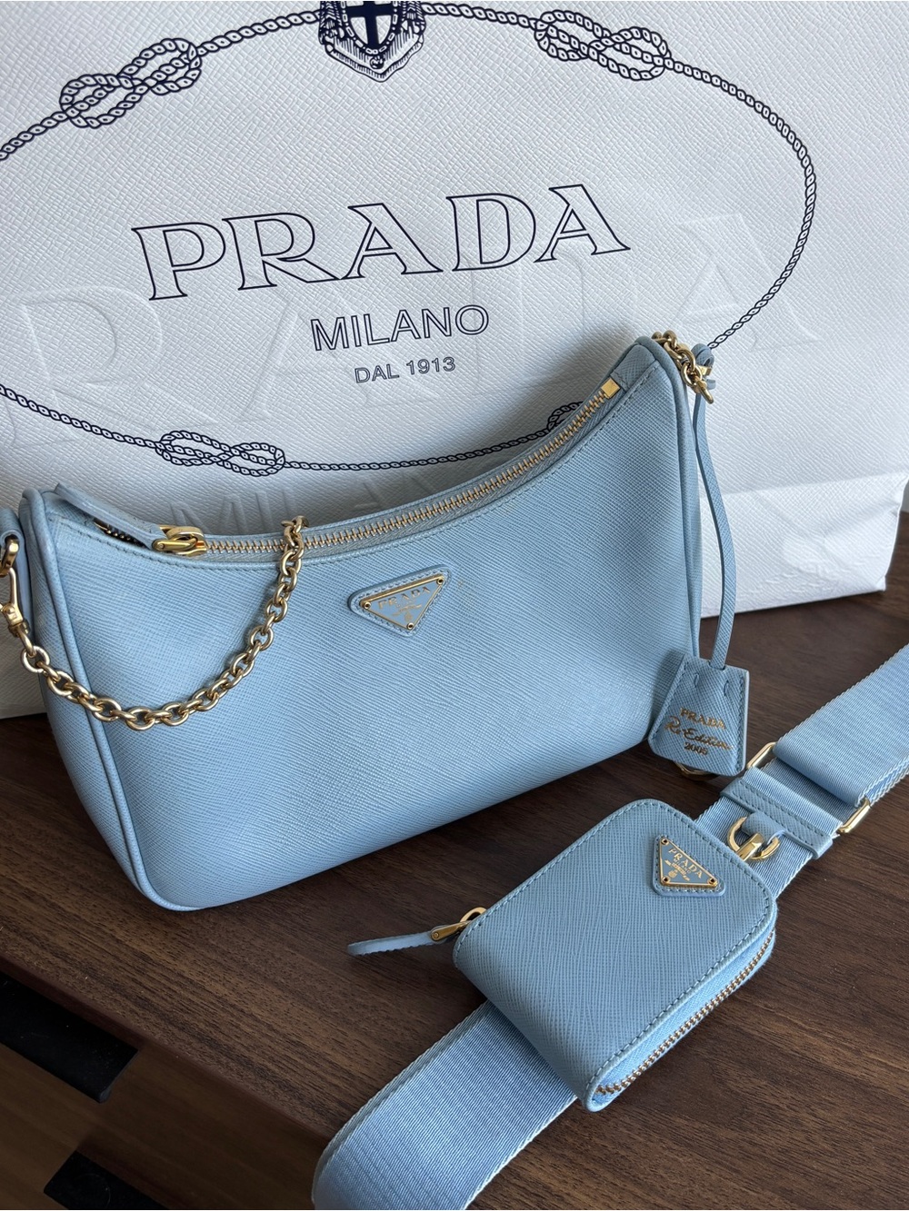 Prada Re-Edition2005 Saffiano Leather Crossbody Bag in Celeste Blue RARE COLOUR